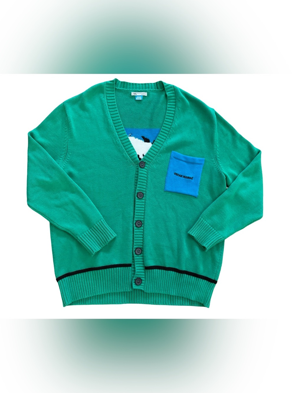 Zara Oscar Marine Portrait Knit Cardigan L/XL Artist Graphic Sweater Cotton